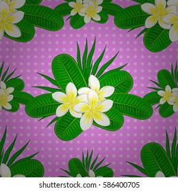 Varicolored vector seamless illustration. Tropical seamless pattern with many motley abstract flowers on a pink background.
