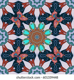 Varicolored vector seamless illustration. Tropical seamless pattern with many abstract flowers.
