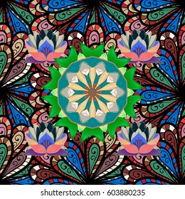 Varicolored vector seamless illustration. Tropical seamless pattern with many abstract flowers.
