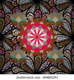 Varicolored vector seamless illustration. Tropical seamless pattern with many abstract flowers.