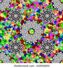 Varicolored vector seamless illustration. Tropical seamless pattern with many abstract flowers.