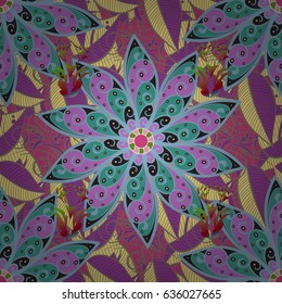 Varicolored vector seamless illustration. Tropical seamless pattern with many yellow and pink abstract flowers.