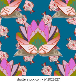 Varicolored vector seamless illustration. Tropical seamless pattern with many blue abstract flowers.