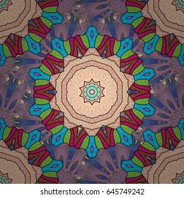 Varicolored vector seamless illustration. Tropical seamless pattern with many blue abstract flowers.