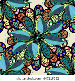 Varicolored vector seamless illustration. Tropical seamless pattern with many blue abstract leaves.