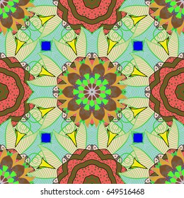 Varicolored vector seamless illustration. Tropical seamless pattern with many blue abstract flowers.