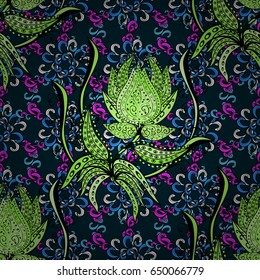 Varicolored vector seamless illustration. Tropical seamless pattern with many blue abstract flowers.