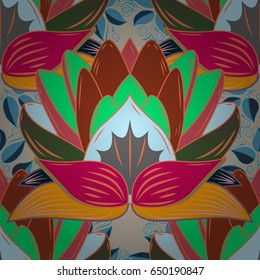 Varicolored vector seamless illustration. Tropical seamless pattern with many abstract flowers.