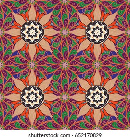 Varicolored vector seamless illustration. Tropical seamless pattern with many abstract flowers.