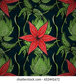 Varicolored vector seamless illustration. Tropical seamless pattern with many abstract flowers.
