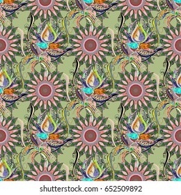 Varicolored vector seamless illustration. Tropical seamless pattern with many abstract flowers.