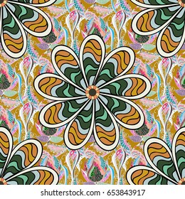Varicolored vector seamless illustration. Tropical seamless pattern with many abstract flowers.