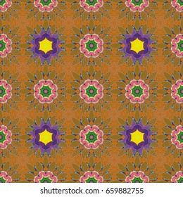 Varicolored vector seamless illustration. Tropical seamless pattern with many pink abstract flowers.
