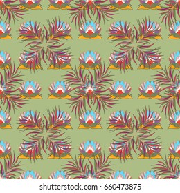 Varicolored vector seamless illustration. Tropical seamless pattern with many abstract leaves.