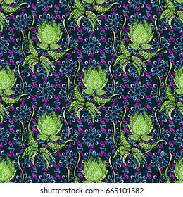 Varicolored vector seamless illustration. Tropical seamless pattern with many abstract flowers.
