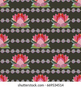 Varicolored vector seamless illustration. Tropical seamless pattern with many pink abstract flowers.