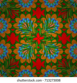 Varicolored vector seamless illustration. Tropical seamless pattern with many green, orange and blue abstract flowers.