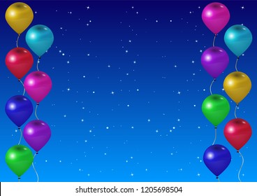 Varicoloured Balloons  against the background Starry Sky. Realistic 3D Design. Vector Illustration