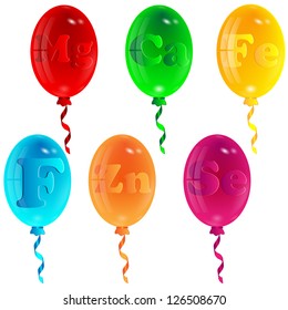 varicoloured balloons with the image of letters on a white background