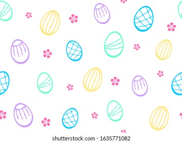 Varicoloured Easter decorative eggs and small flowers on a white background. Vector seamless pattern for festive design, Easter holiday wrapping paper, banner, packaging, printing on fabric, textile
