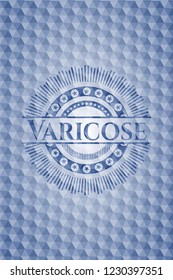 Varicose blue badge with geometric pattern background.