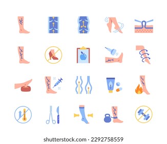 Varicose color icons set. Vascular varices circulation insufficiency. Disease of veins and circulatory system. Medical graphic elements for website and app. Flat vector illustration collection