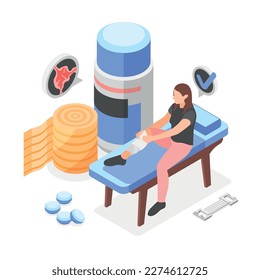Composición isométrica varicosa con la vista de una paciente femenina que usa vendaje en su pierna con píldoras empacar ilustración vectorial