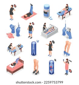 Varicose isometric set of isolated icons with human characters of patients symptoms exercises and medical supplies vector illustration