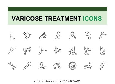 Conjunto de iconos de tratamiento de la varicosa. Incluye la línea delgada de la vena, el útero, el pie, la medicina, la bolsa, la presión y más. Iconos lineales mínimos. Icono de Vector editable e ilustración.