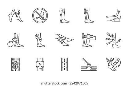 Iconos de tratamiento varicoso, trombosis de venas en las piernas y símbolos vectores quirúrgicos. Varicosa o piernas varices vasculares circulación insuficiencia, tratamiento médico e íconos de la línea de terapia profiláctica