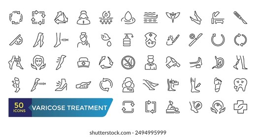 Varicose treatment icons set. Leg veins thrombosis disease and surgery vector symbols. Collection and pack of linear web and ui icons. Editable stroke. Vector illustration.