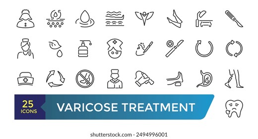 Varicose treatment icons set. Leg veins thrombosis disease and surgery vector symbols. Collection and pack of linear web and ui icons. Editable stroke. Vector illustration.