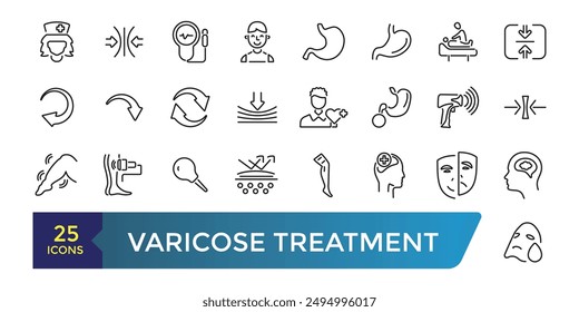 Varicose treatment icons set. Leg veins thrombosis disease and surgery vector symbols. Collection and pack of linear web and ui icons. Editable stroke. Vector illustration.