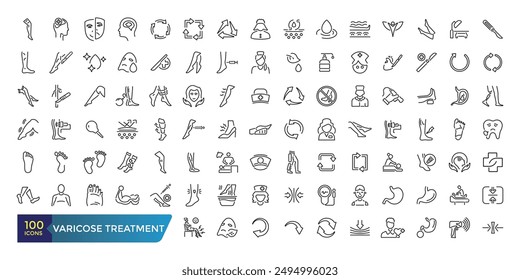 Varicose treatment icons set. Leg veins thrombosis disease and surgery vector symbols. Collection and pack of linear web and ui icons. Editable stroke. Vector illustration.