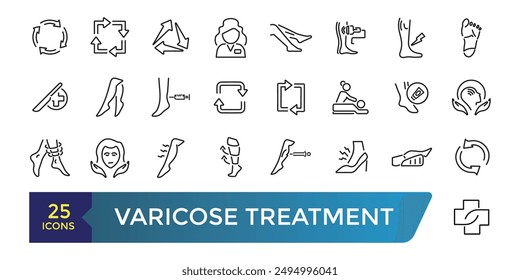 Varicose treatment icons set. Leg veins thrombosis disease and surgery vector symbols. Collection and pack of linear web and ui icons. Editable stroke. Vector illustration.