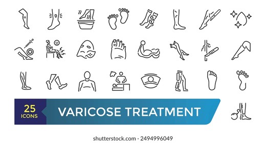 Varicose treatment icons set. Leg veins thrombosis disease and surgery vector symbols. Collection and pack of linear web and ui icons. Editable stroke. Vector illustration.