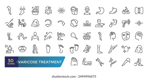 Varicose treatment icons set. Leg veins thrombosis disease and surgery vector symbols. Collection and pack of linear web and ui icons. Editable stroke. Vector illustration.