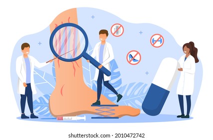 Varicose veins concept. Doctors check the vessels of the legs with the help of special tools. Treatment of vascular diseases. Cartoon modern flat vector illustration isolated on a white background