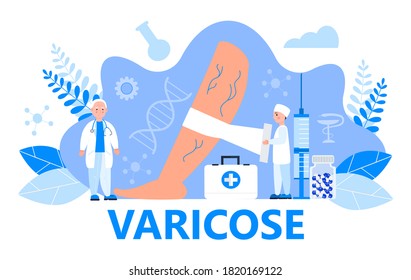 Varicose veins concept vector for medical website. Tiny surgeons, therapists treat vascular diseases, apply tight bandage. Syringe, pills, medical case shown.