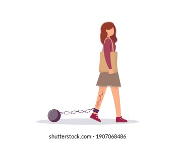 Varicose veins disease. Thrombosis or thrombophlebitis. A young woman has a pain in her leg while walking. Chronic venous insufficiency. Chain on the leg as a metaphor. Isolated vector illustration. 
