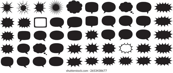 Verschiedene Black Speech Bubbles und Burst Shapes Präsentation Diverse Vektorgrafik-Kollektion mit einer Reihe von Kommunikationsstilen und visuellen Elementen für Designprojekte 