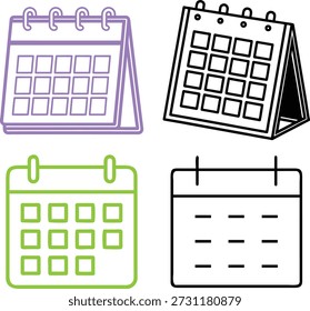Gráficos de calendario variados con soporte de escritorio y versiones de pared en contornos verde y negro púrpura. Útil para la gestión del tiempo y la programación de recordatorios de planificación de proyectos e interfaces organizativas que representan días, semanas, meses y símbolos de seguimiento de eventos anuales.