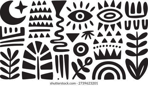 A varied collection of black stylized folk art symbols and primitive shapes, perfect for cultural or decorative themes.