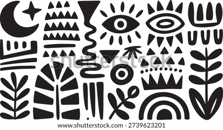 A varied collection of black stylized folk art symbols and primitive shapes, perfect for cultural or decorative themes.