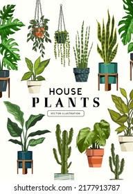 A varied collection of green indoor house plants. Botanical decoration vector illustration.