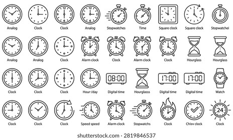 Varied collection of linear timekeeping icons featuring analog digital clocks alarm timers stopwatches and hourglasses for scheduling project management.