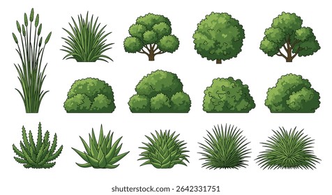 Varied Collection of Lush Green Bushes and Small Trees Pixel Art Renderings