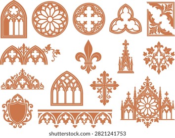 A varied collection of orange-colored gothic architectural elements and intricate decorative ornaments, presented as vector illustrations. This set includes rose windows, pointed arches, trefoils, quatrefoils, and fleur-de-lis motifs, all characteristic of medieval design. These detailed graphics are perfect for historical themes, fantasy settings, or adding an antique, ecclesiastical feel to any design project, capturing the detailed craftsmanship of gothic art.
