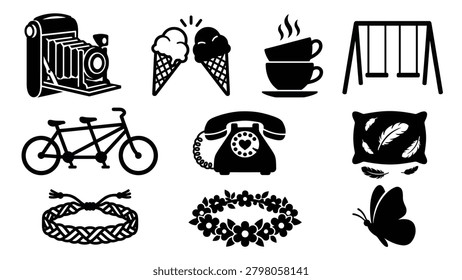 Varied collection of vector icons for leisure and decorative use. Icons include a vintage camera, two ice cream cones, stacked hot tea cups, a playground swing set, a tandem bicycle, a retro telephone, a pillow with feathers, a braided bracelet, a floral wreath, and a butterfly, depicting cherished memories and simple pleasures.