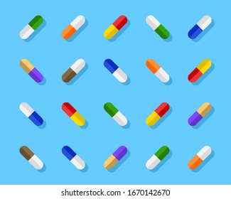 Varied and colorful pills, capsules. Aesthetic assortment and playful arrangement of medicine in different colors. Vector illustration in flat design.